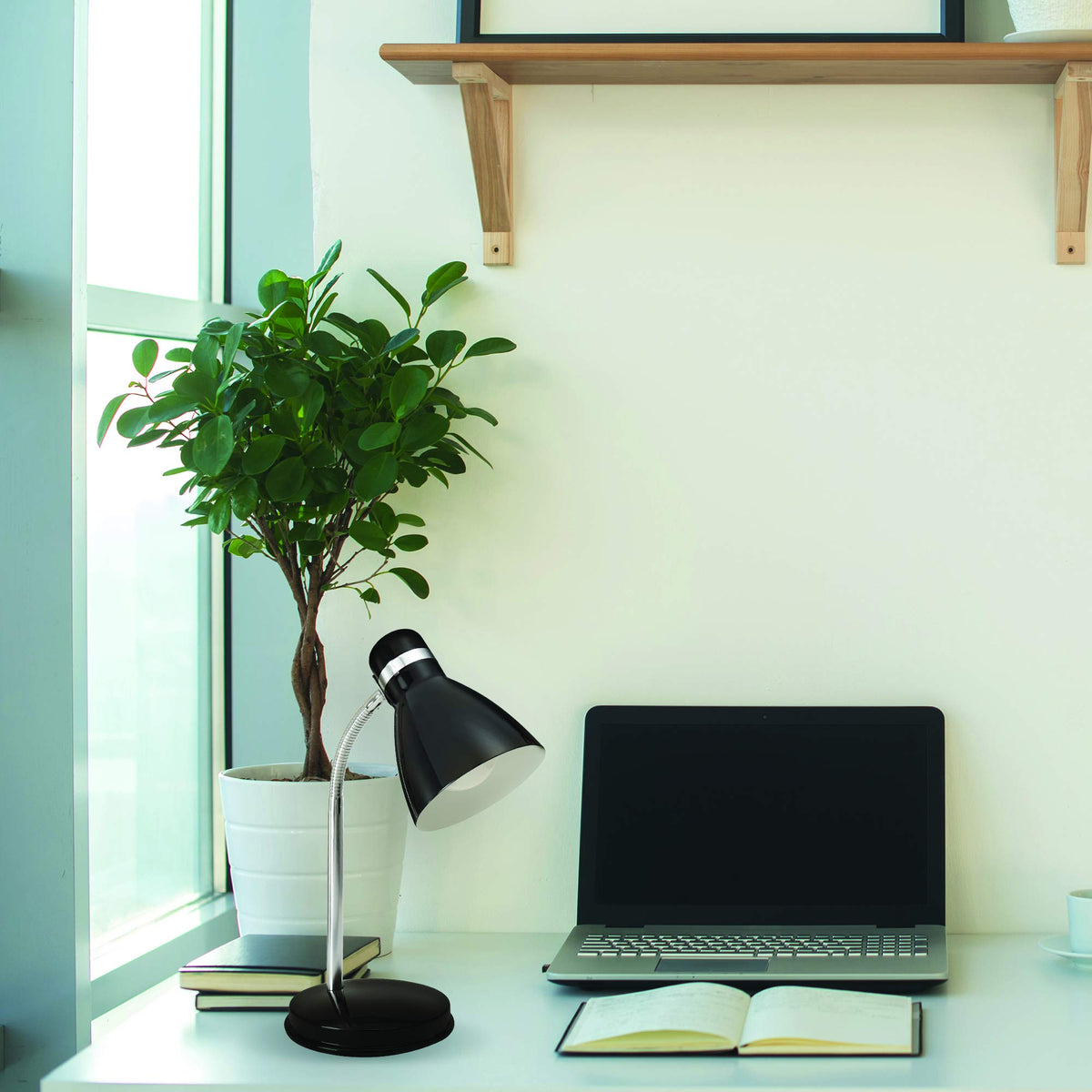 Newhouse Lighting Oxford desk-setup shows a compact design ideal for small spaces.