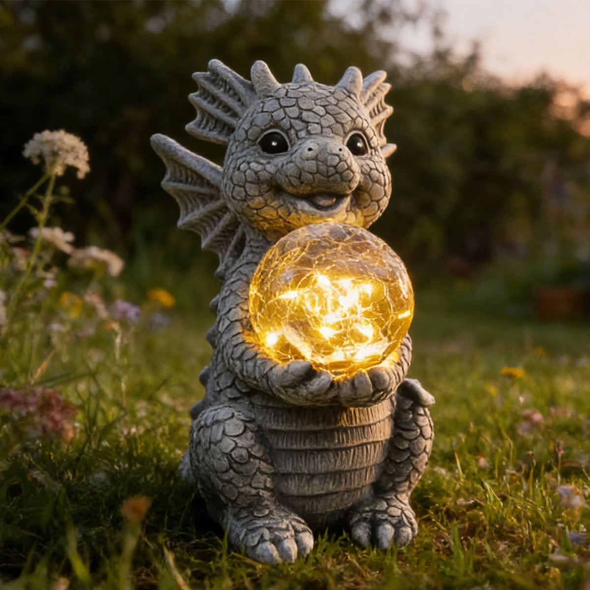 Newinhome solar dragon garden figurine powers lighting at dusk.