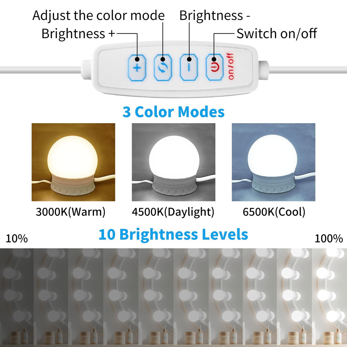 NEWKAZ stick-on mirror lights provide easy installation with strong 3M tape