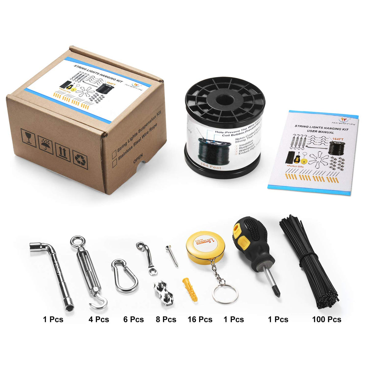 Newleray twist ties and tape measure help tidy wires during setup.