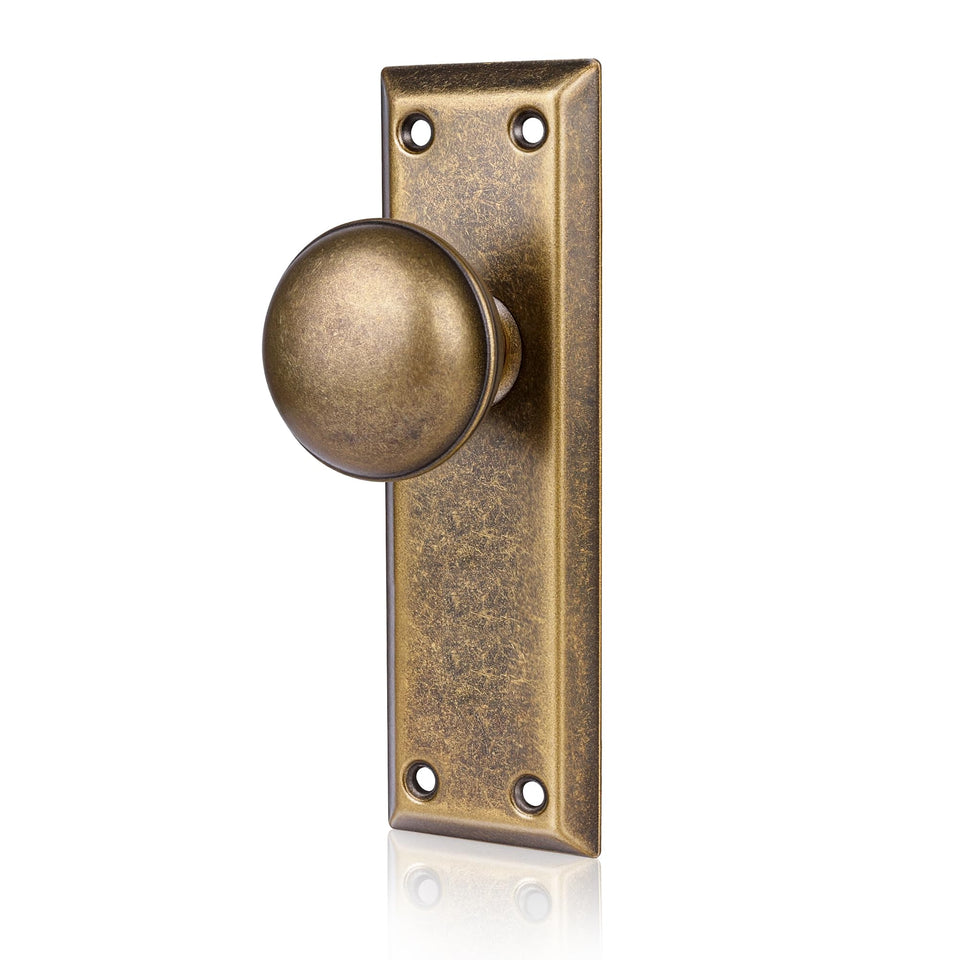 newliplace dummy knobs on closet door showing push-pull use with antique brass finish.