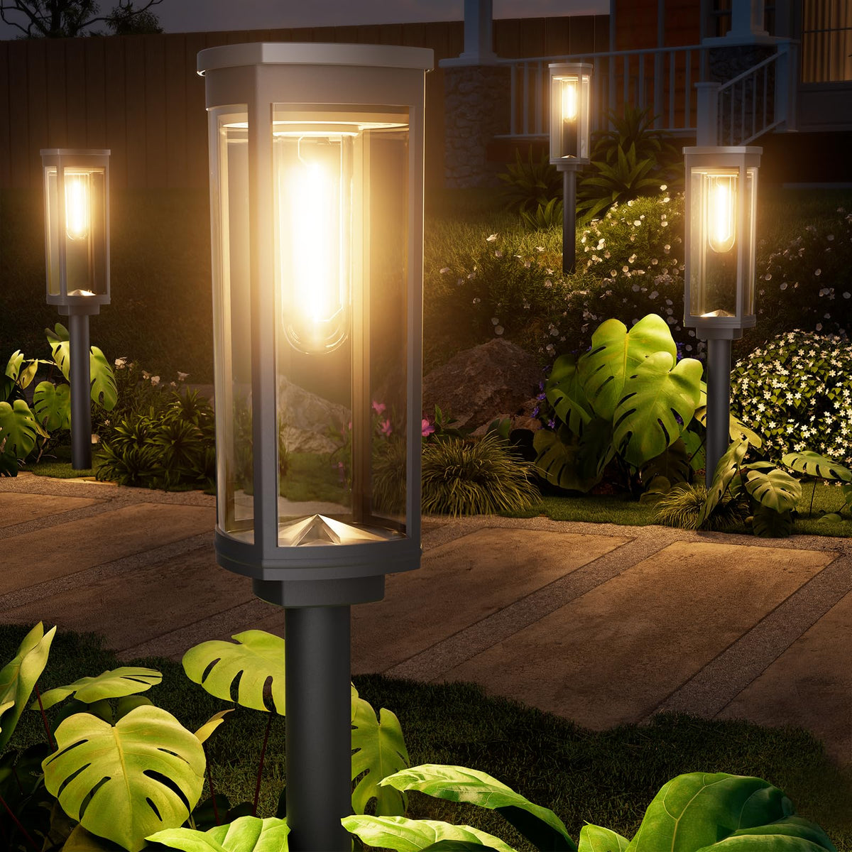 NEWMESSI 8-pack solar pathway lights provide dependable nighttime walkway illumination.