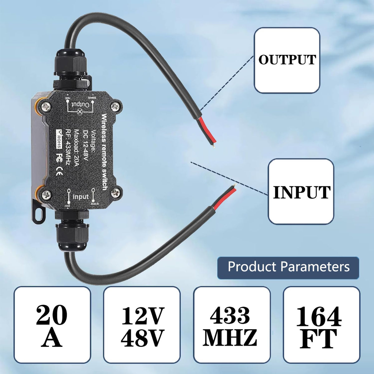 NEWNEWLIU DC12V remote switch installation showing receiver placement between devices