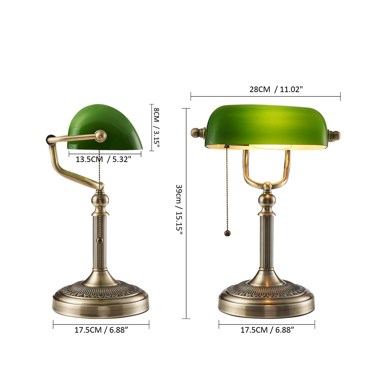 Newrays green glass bankers lamp illuminated for evening work