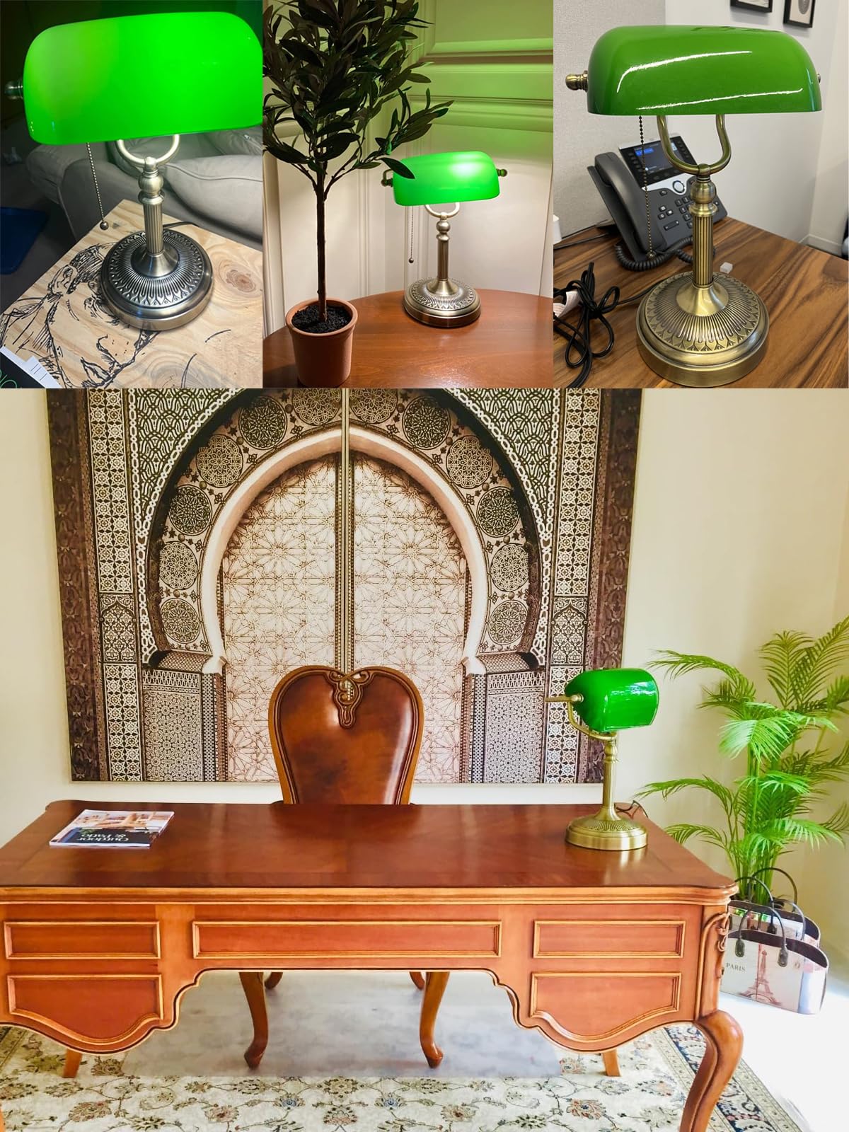 Closeup of Newrays green glass shade on bankers lamp