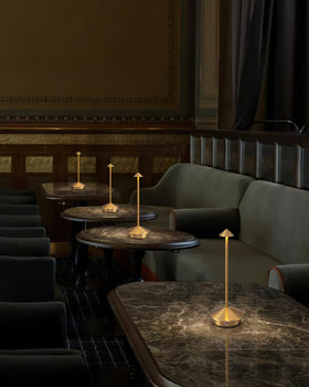 NEWSEE gold-finish lamp enhances dining room ambiance with warm light.