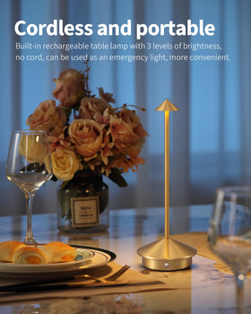 NEWSEE gold desk lamps, battery powered, base view; ideal for bedside reading.
