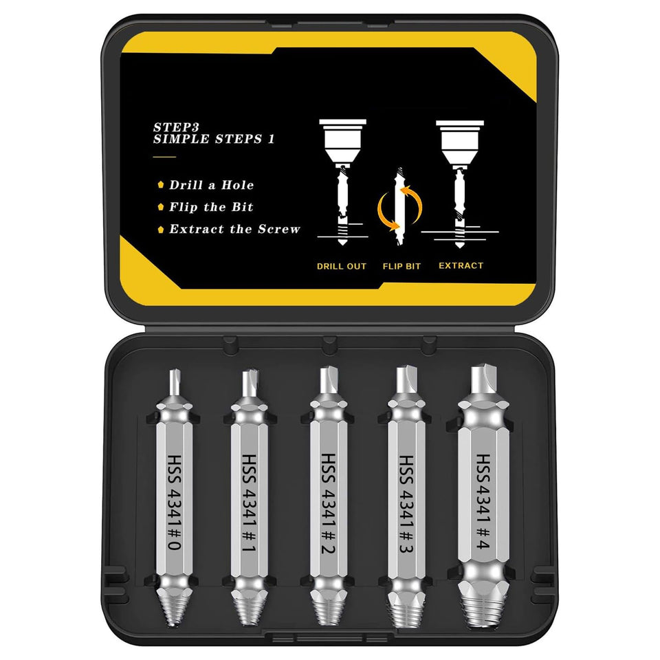 Newte 5-piece HSS screw extractor set in storage case for quick fastener removal.