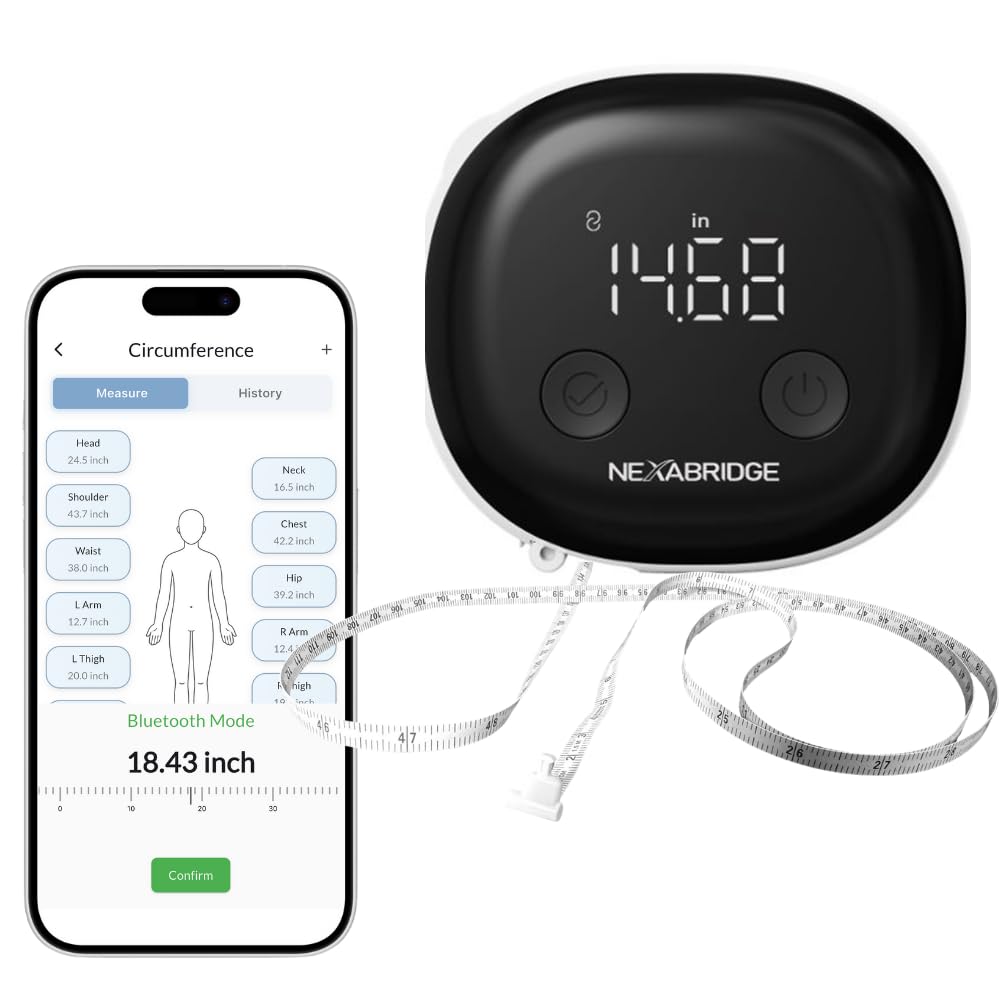 NEXABRIDGE smart body tape measure front view with retractable tape and LCD display for quick home measurements.