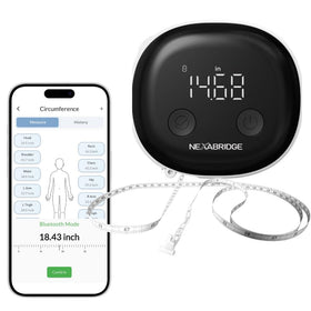 NEXABRIDGE smart body tape measure front view with retractable tape and LCD display for quick home measurements.