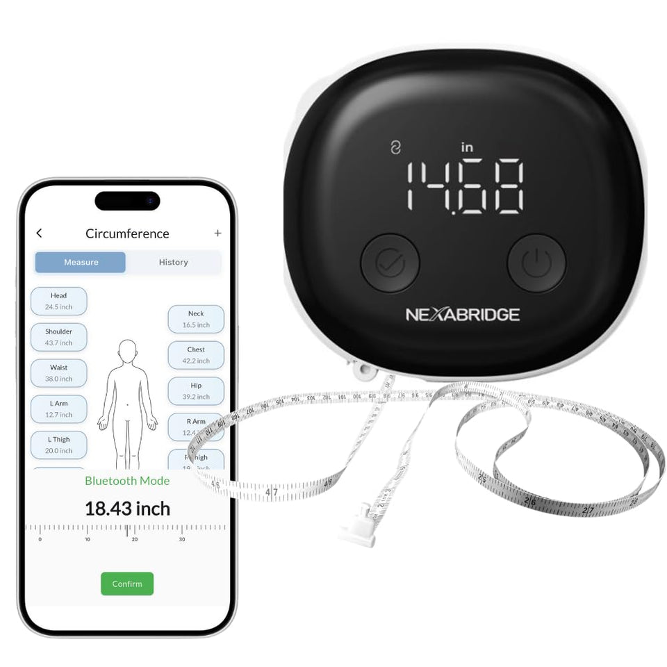 NEXABRIDGE smart body tape measure front view with retractable tape and LCD display for quick home measurements.