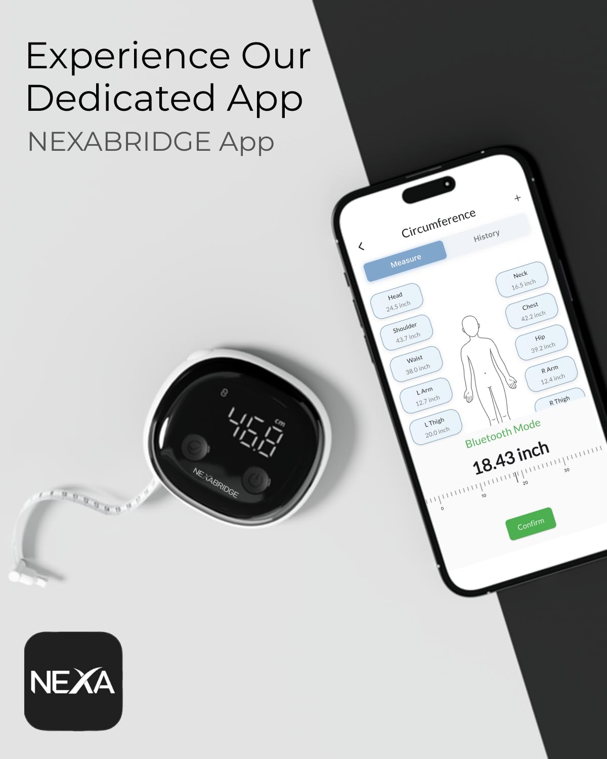 NEXABRIDGE tape measure retractable tape in use for one-handed measurements during workouts.