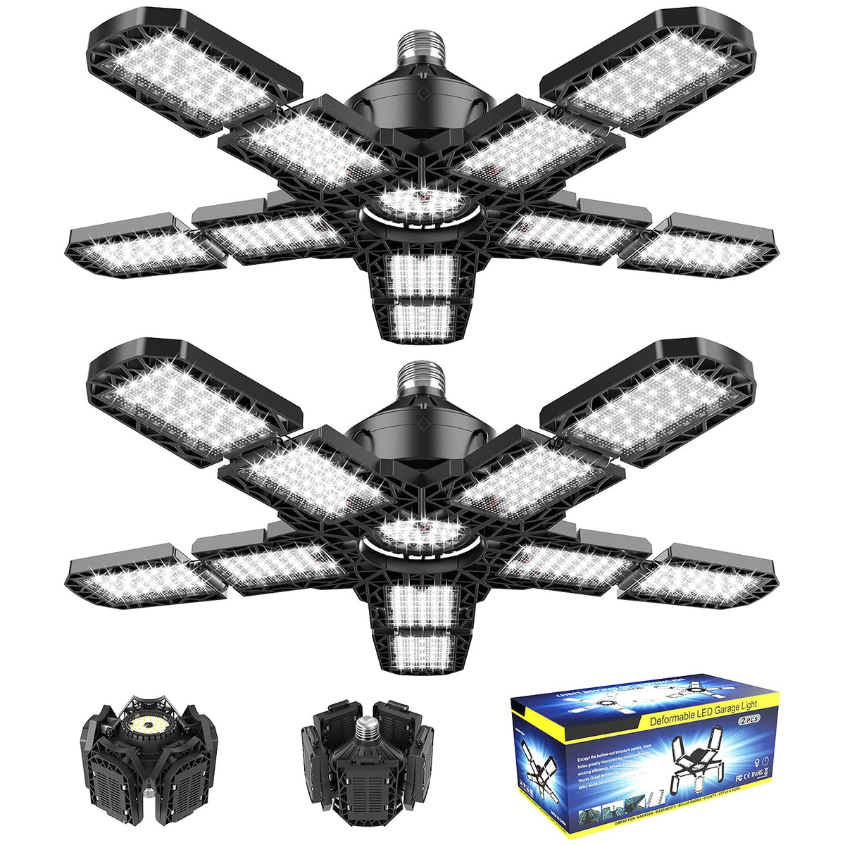Nexillumi 2-pack LED garage light with folded panel design for easy ceiling mounting
