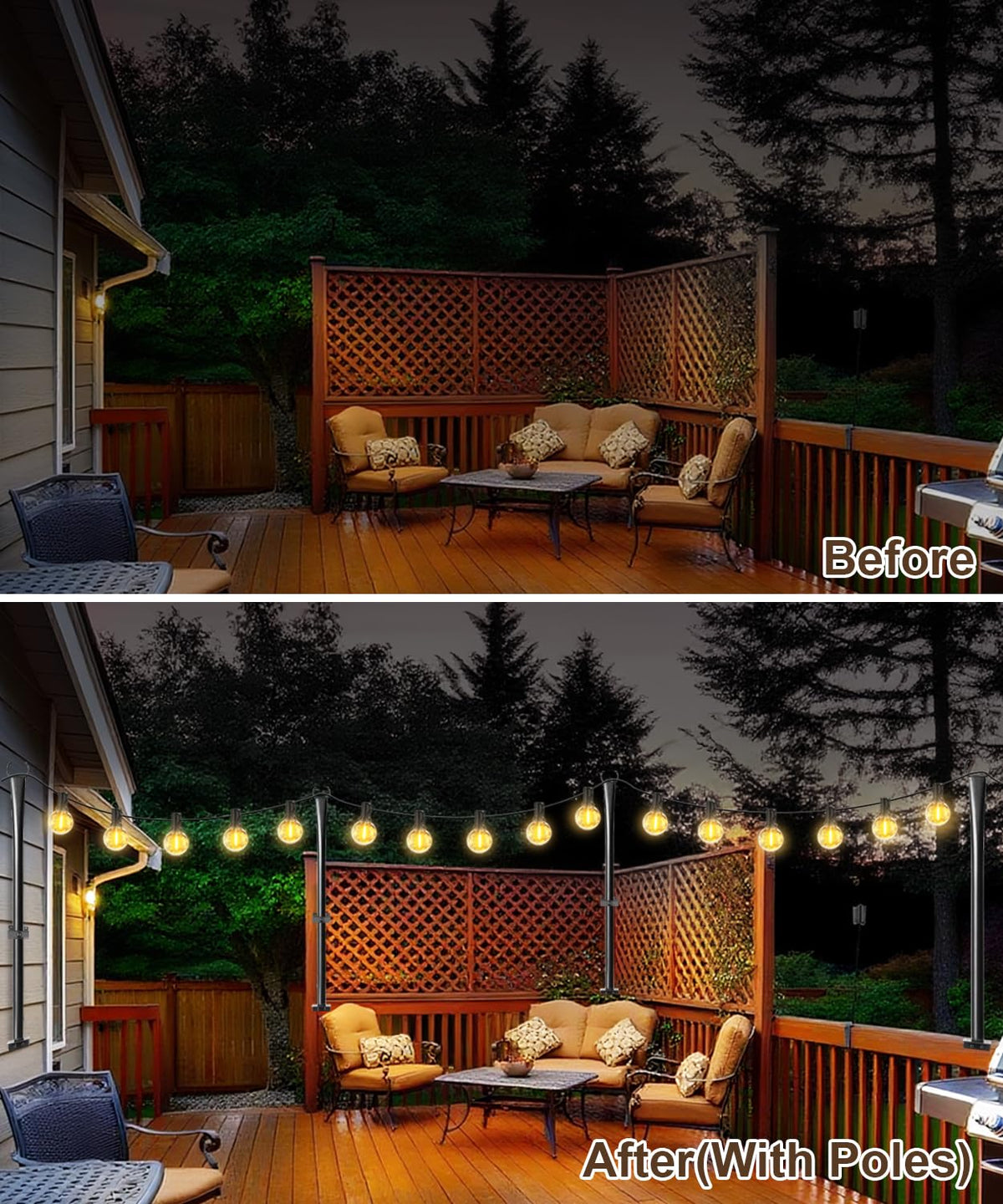 Nexillumi deck light poles with claw top grip securely hold lights even in wind.