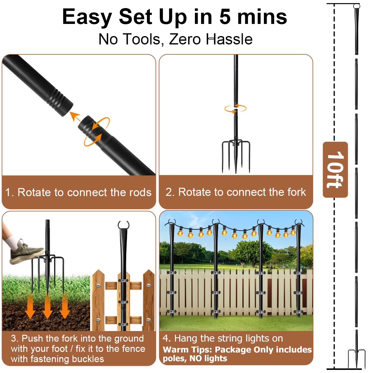 Nexillumi stake-prong design anchors poles firmly into soil.