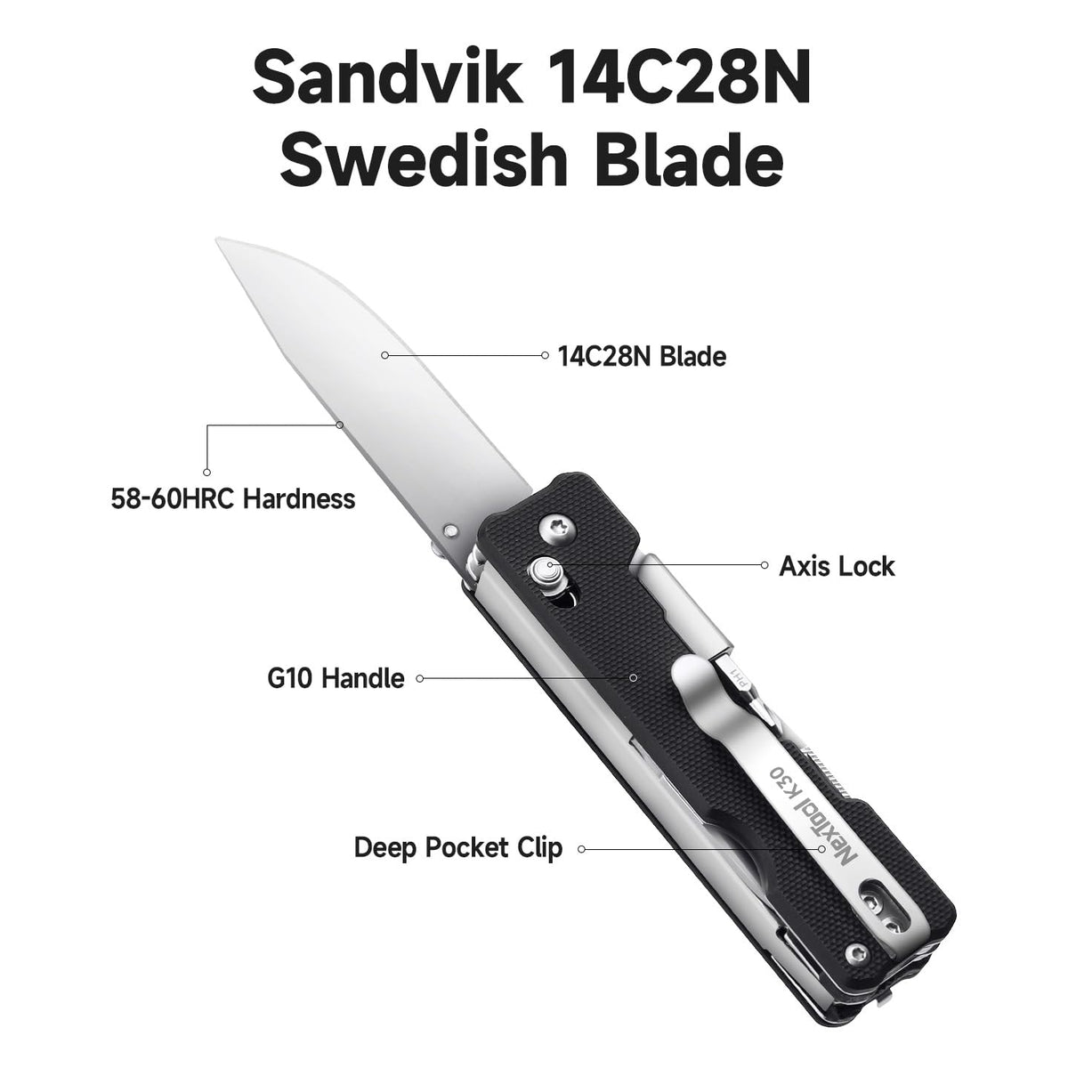 Close up of the Knight K30 2.76 inch blade with 14C28N steel