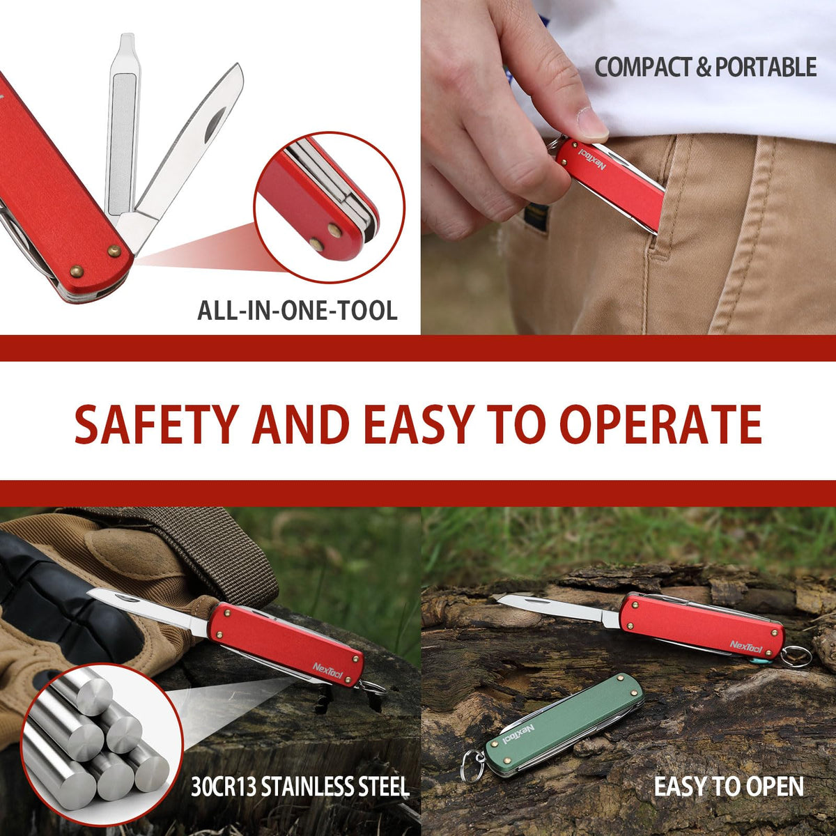 NexTool stainless steel blade stays sharp for everyday tasks.