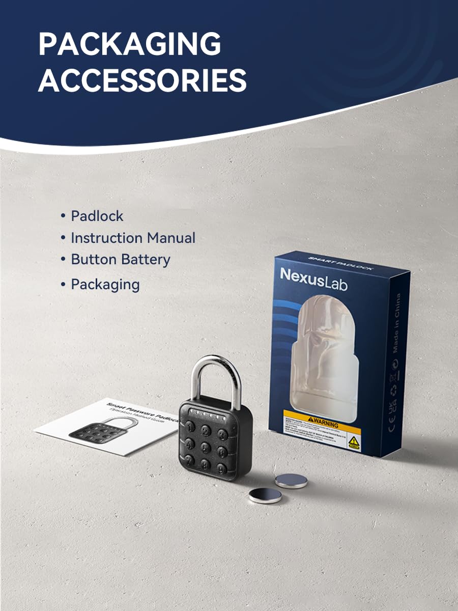 NexusLab Digital Padlock packaging showing included batteries and hardware.