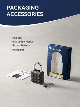 NexusLab Digital Padlock packaging showing included batteries and hardware.