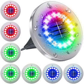NFESOLAR 8-pack solar ground lights illuminate pathways with bright multi-color LEDs.