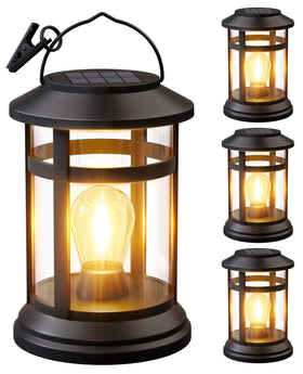 NFEVER solar lantern hanging in a backyard creating warm glow for evenings outdoors