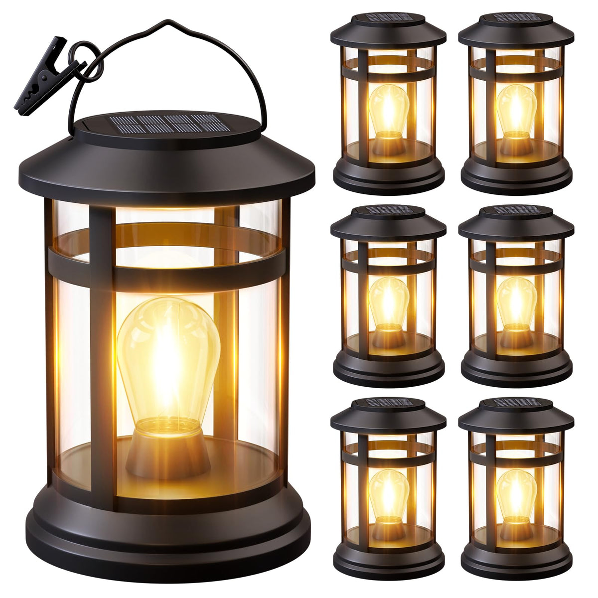 NFEVER solar lantern hanging outdoors with warm LED glow for cozy evenings.