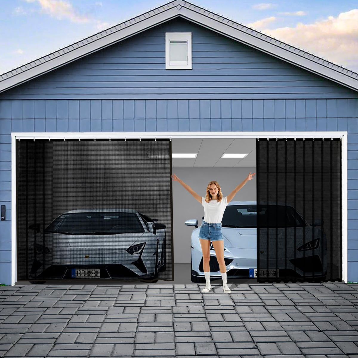 NGNFZQ sliding garage screen for 2-car opening with easy vehicle access
