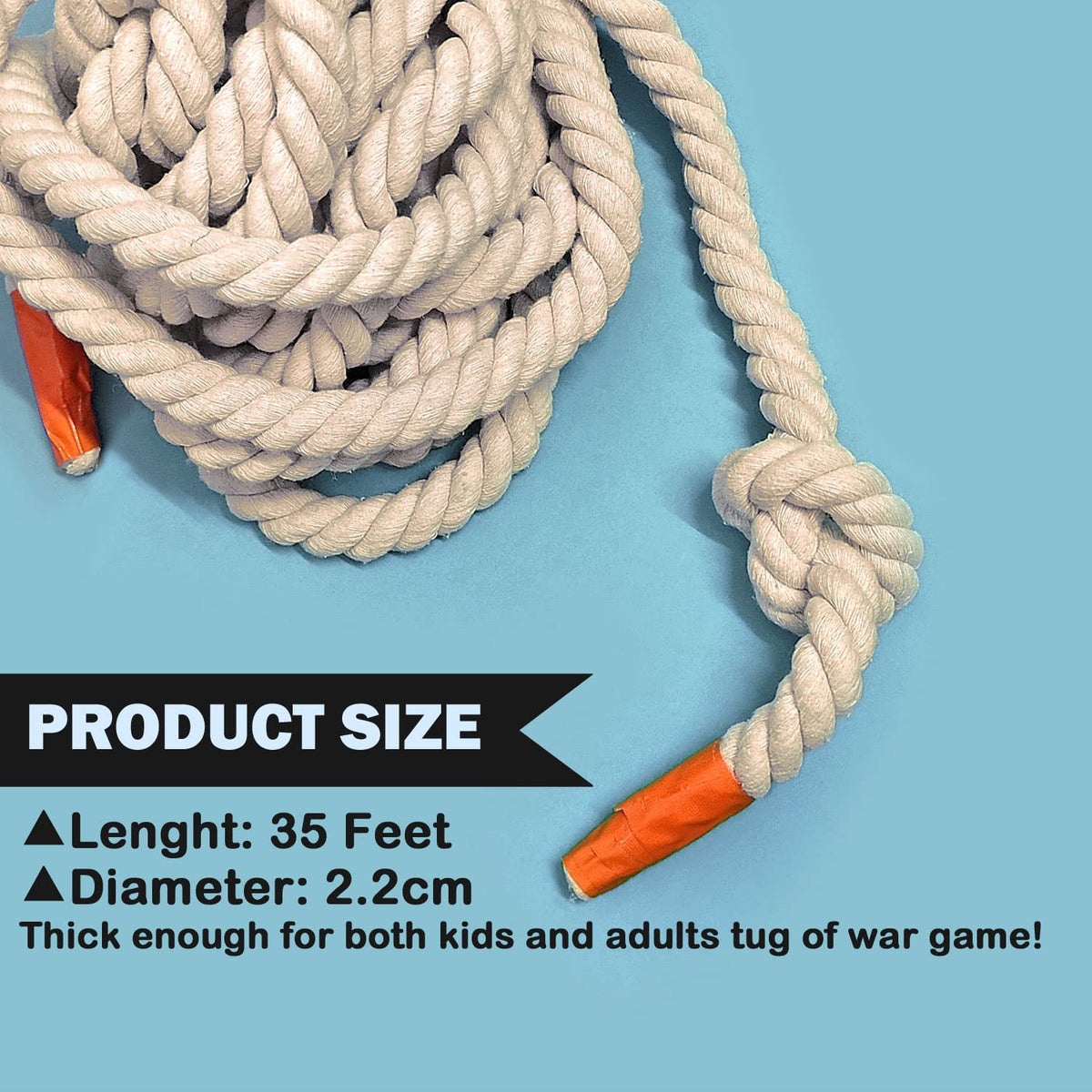End tape on Niantime tug rope prevents unraveling for durable play.