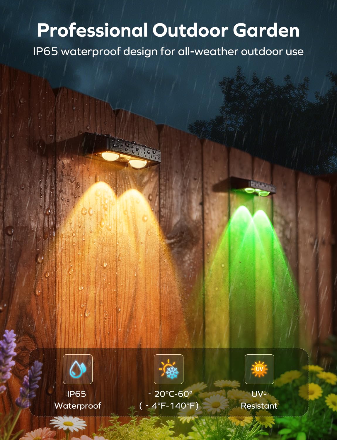 Nibuuecer solar fence light modes, including breathing and flashing, for mood lighting.