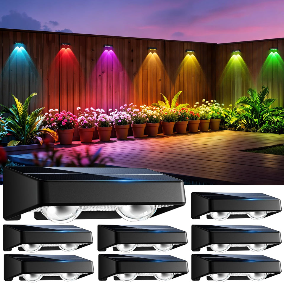 Nibuuecer solar fence lights eight-pack deliver vibrant colors for outdoor ambiance at dusk.