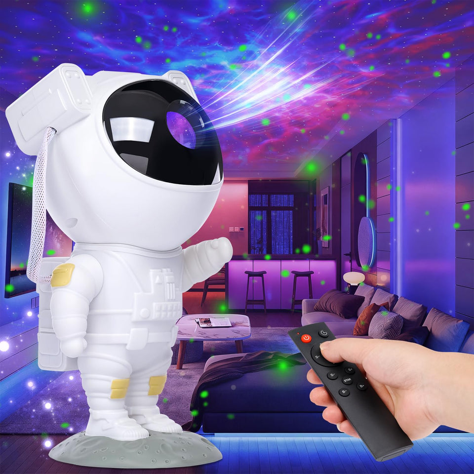 NICAYET star projector astronaut figure casts calming nebula light on walls