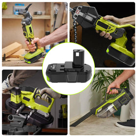 Nicetoro 18V battery powering Ryobi cordless tools for steady performance.