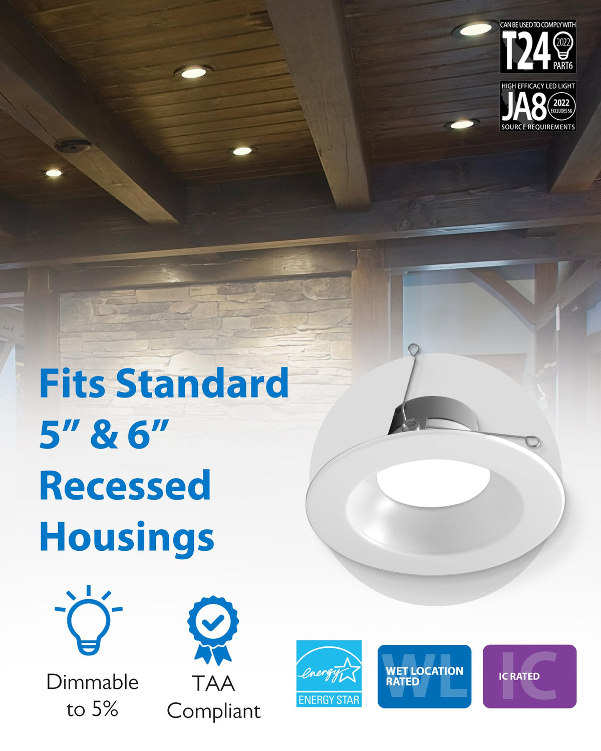 Nicor DLR56 selectable CCT 2700K-5000K for versatile ambiance options.