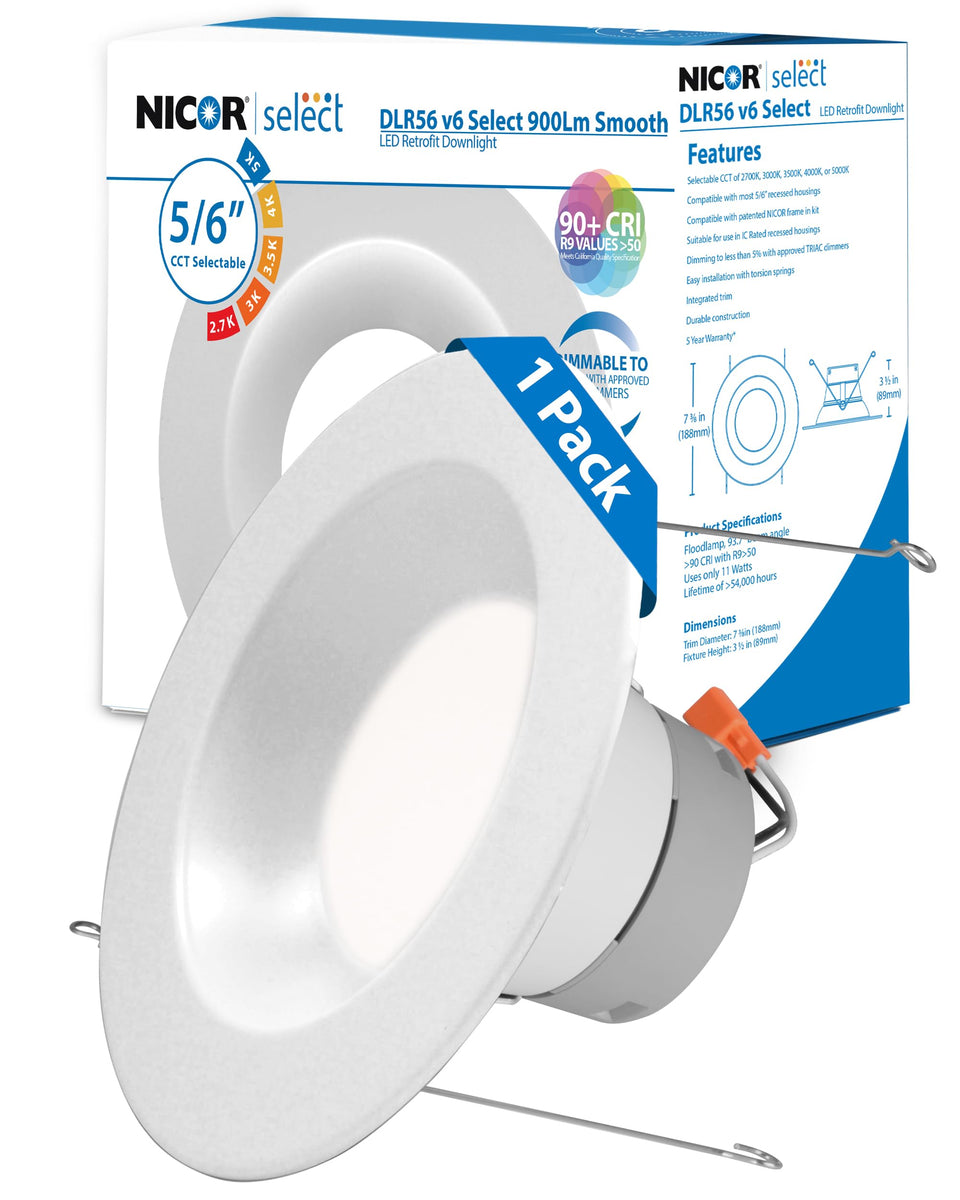 Nicor DLR56 recessed downlight front view for modern living spaces.