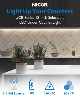 Nicor UCB dimmable under-cabinet light close-up showing smooth brightness control.
