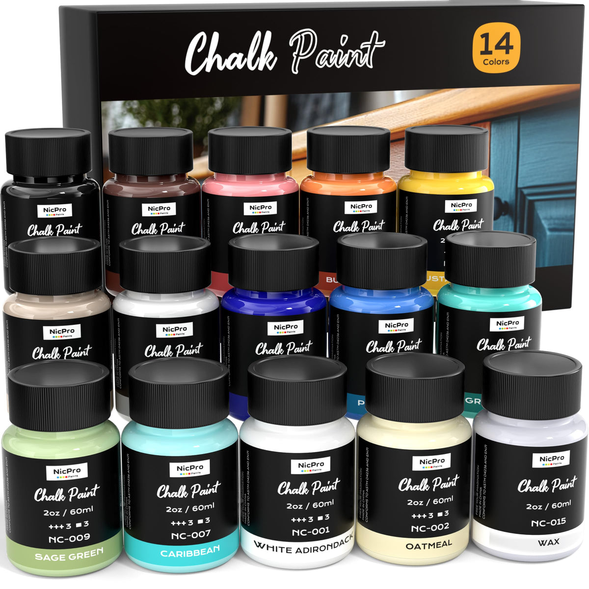 Nicpro 14 Colors Chalk Paint bottles set shows rich hues for furniture refurbishing.