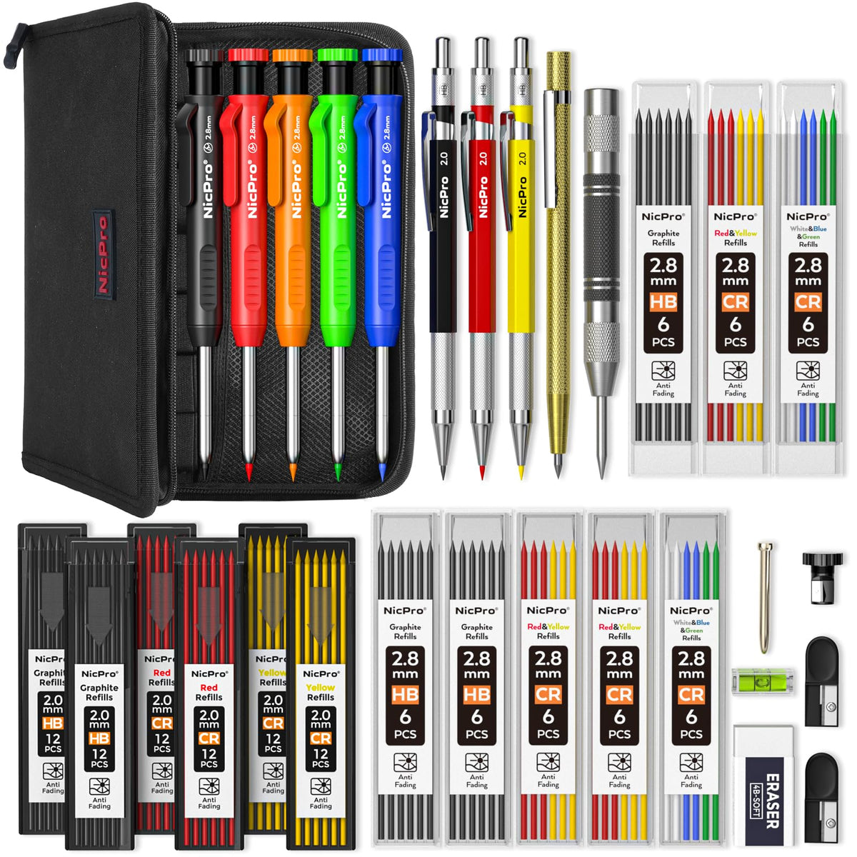 Nicpro 31-pack carpenter pencils with canvas case for portable marking on site