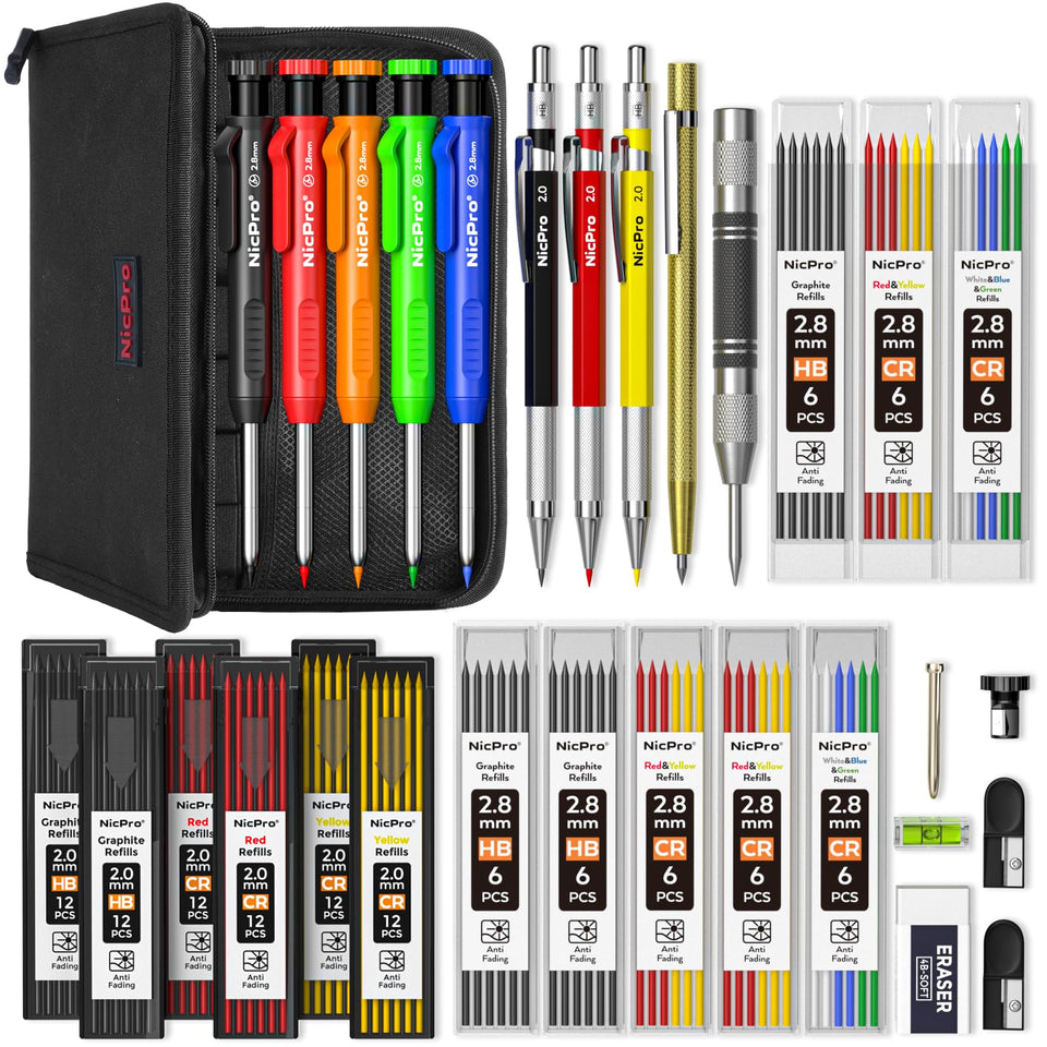 Nicpro 31-pack carpenter pencils with canvas case for portable marking on site
