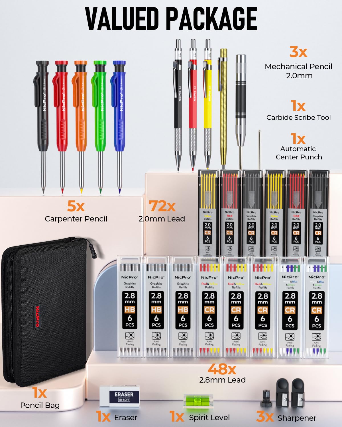 Nicpro eraser and sharpener included for clean pencil lines