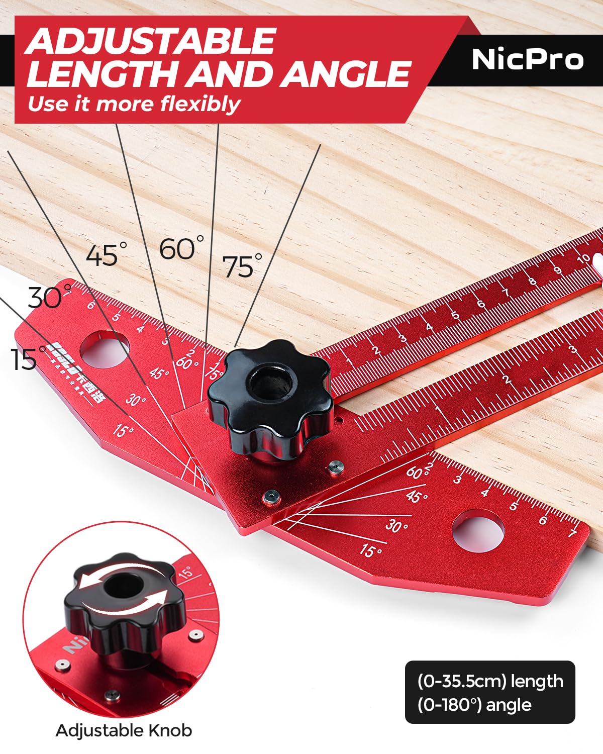 ABS knobs allow quick angle adjustments for bevel cuts