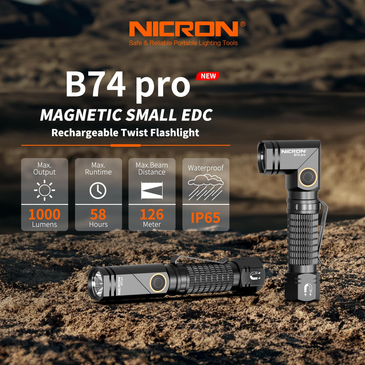 NICRON B74pro rotating head flashlight ideal for adjustable spotlight on demand.