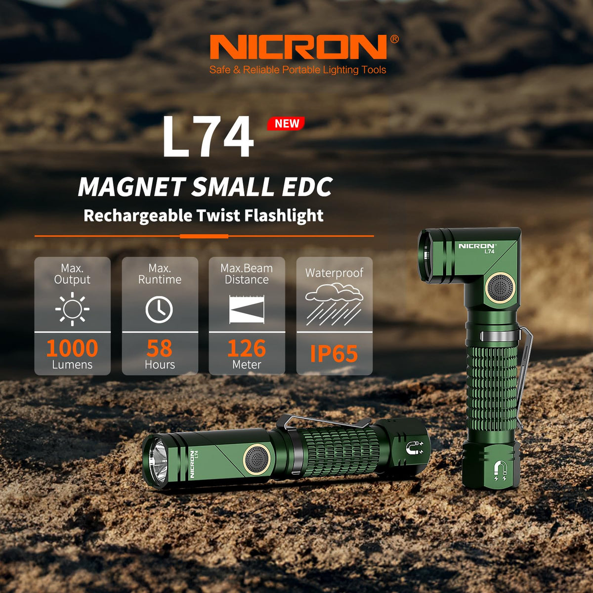 NICRON L74 magnetic tail base secures attachment to metal surfaces.