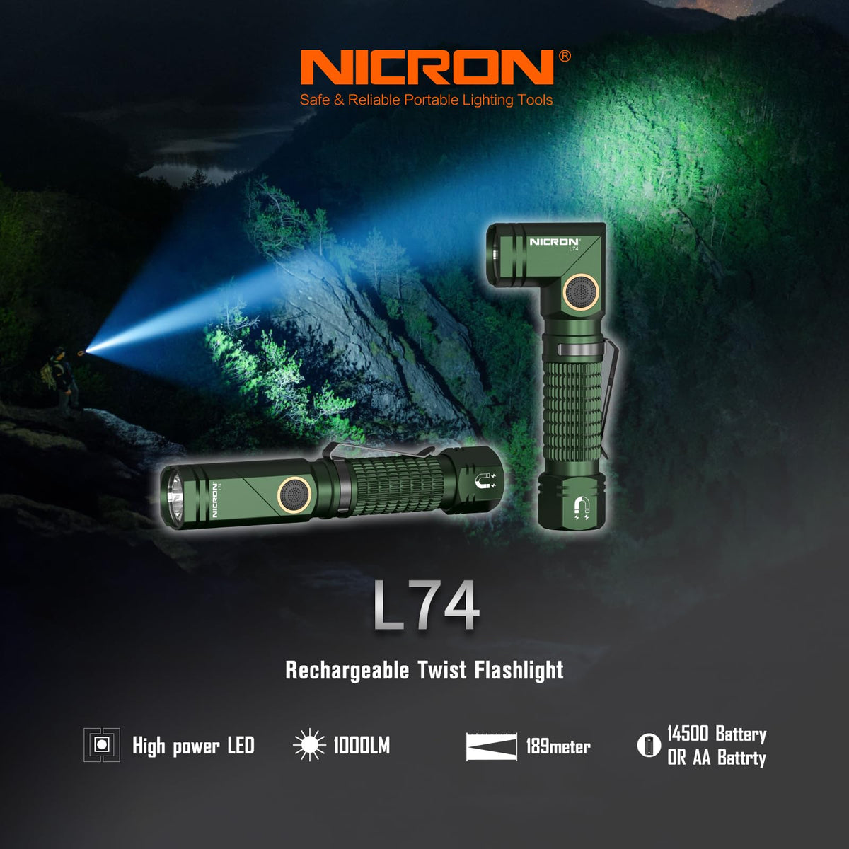 NICRON L74 reversible clip provides 360-degree belt or gear attachment.