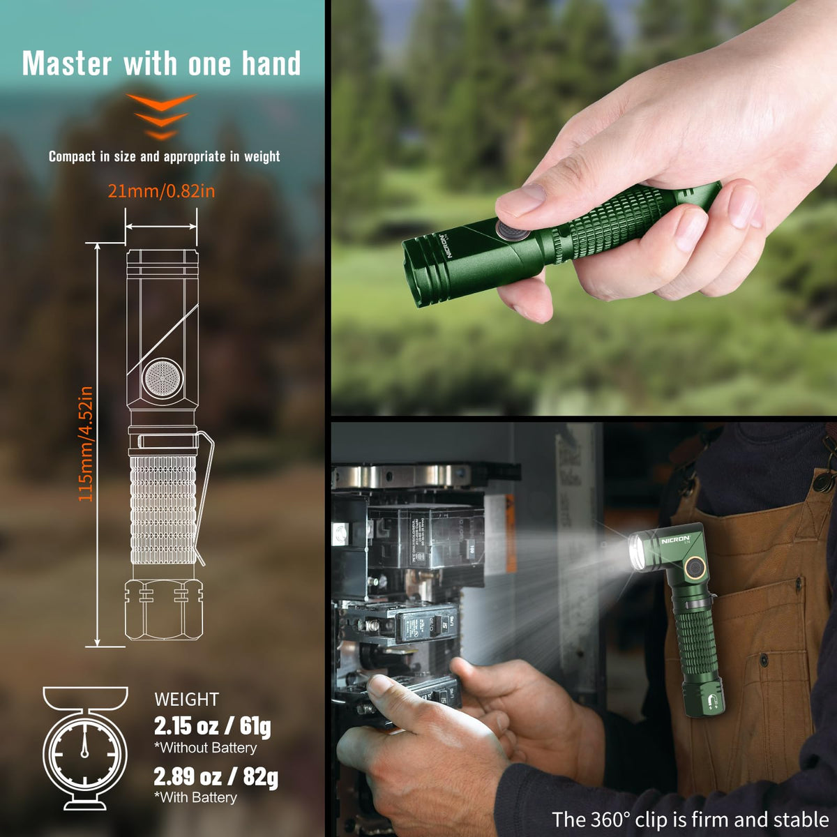 NICRON L74 rotatable head at 90 degrees enables hands-free lighting.