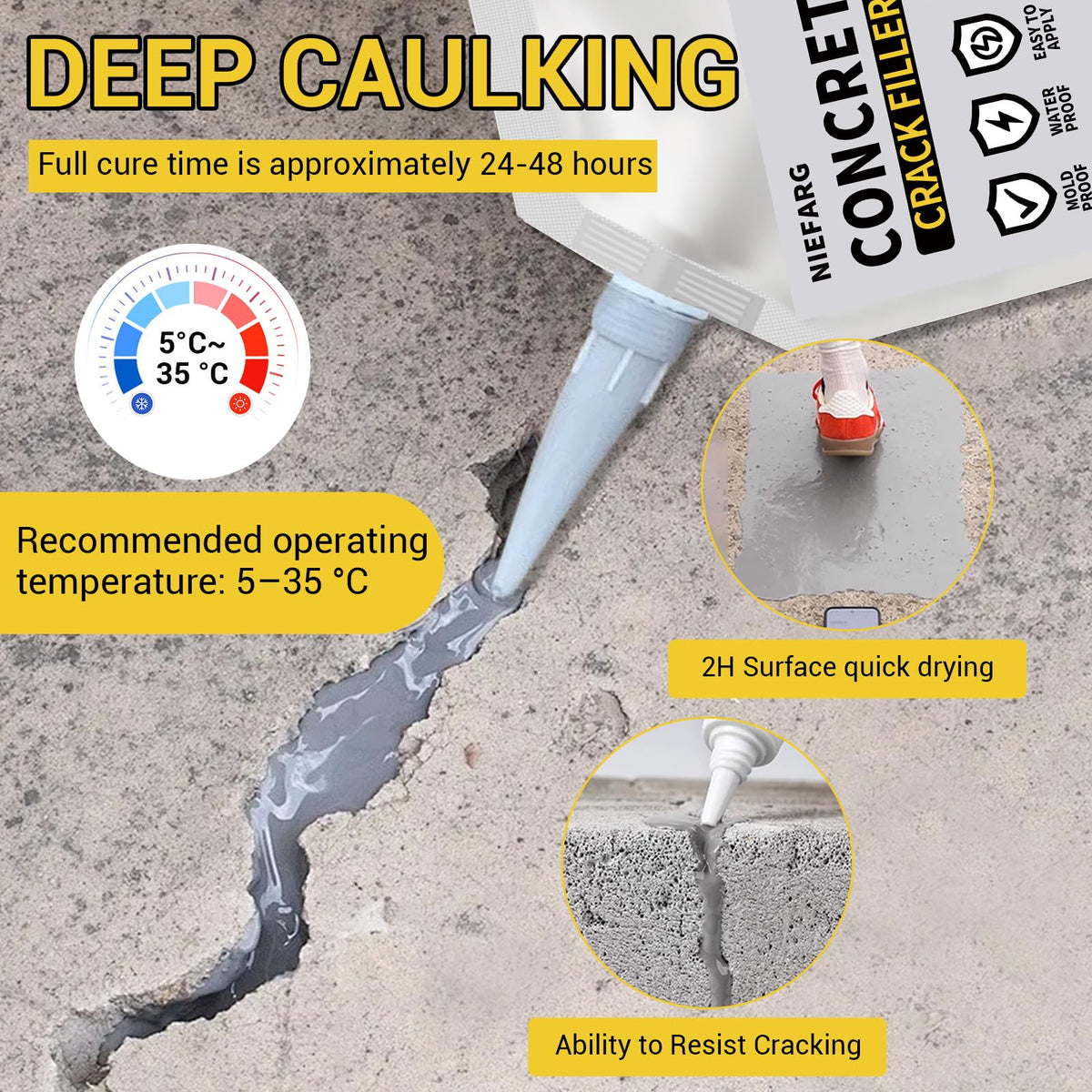 NIEFARG Concrete Crack Filler self-leveling formula applied and smoothed on concrete