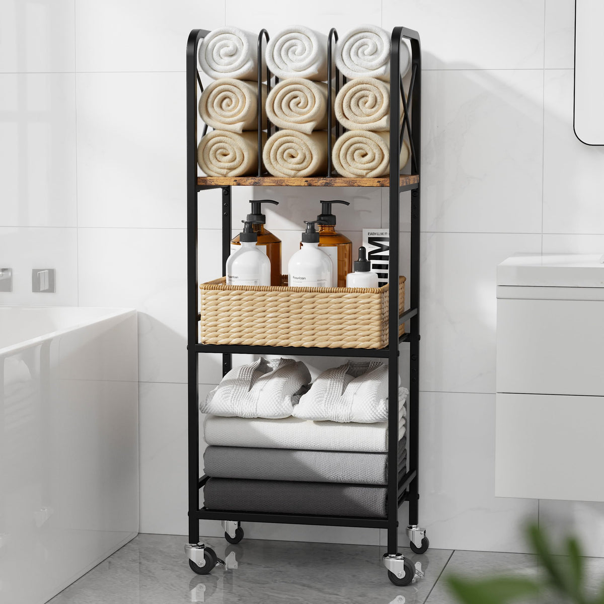niffgaff free-standing towel rack with wheels for easy repositioning