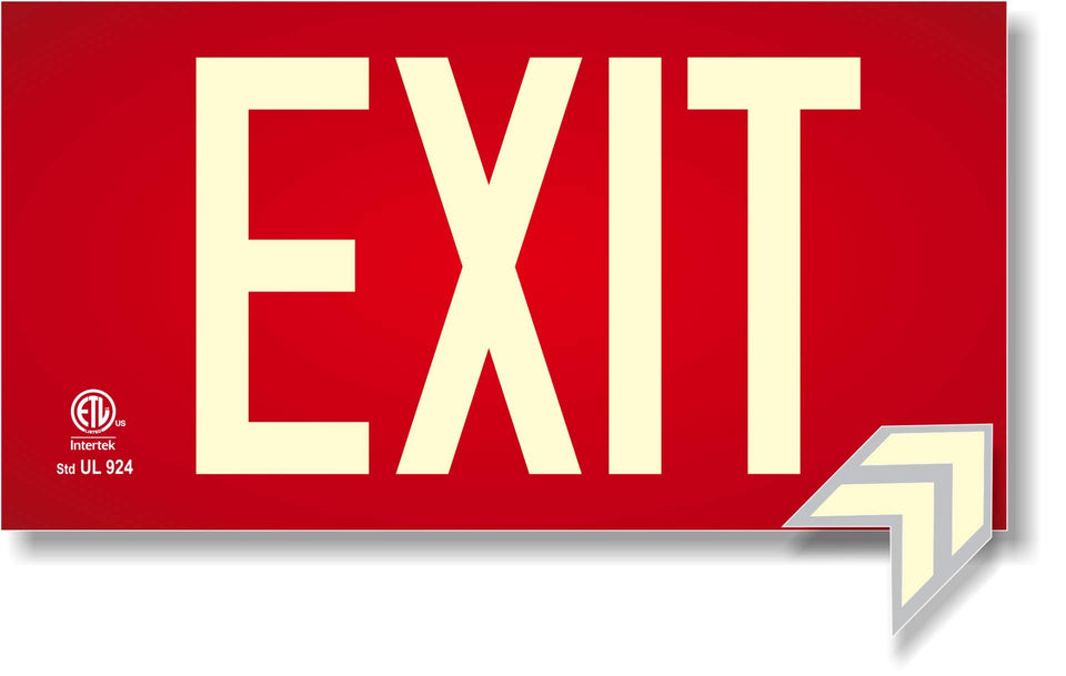 NightBright photoluminescent exit sign red in aluminum, UL 924 compliant for safe egress.