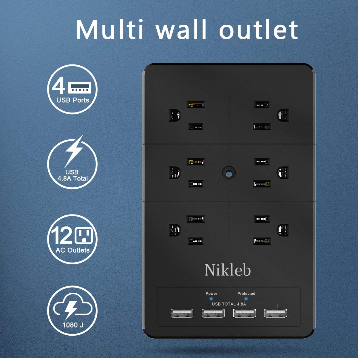 Nikleb wall-mount power strip with 4 USB ports keeps devices charged neatly.