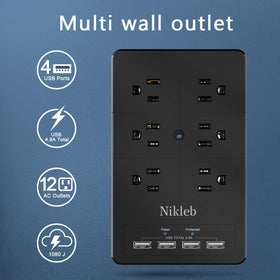 Nikleb wall-mount power strip with 4 USB ports keeps devices charged neatly.