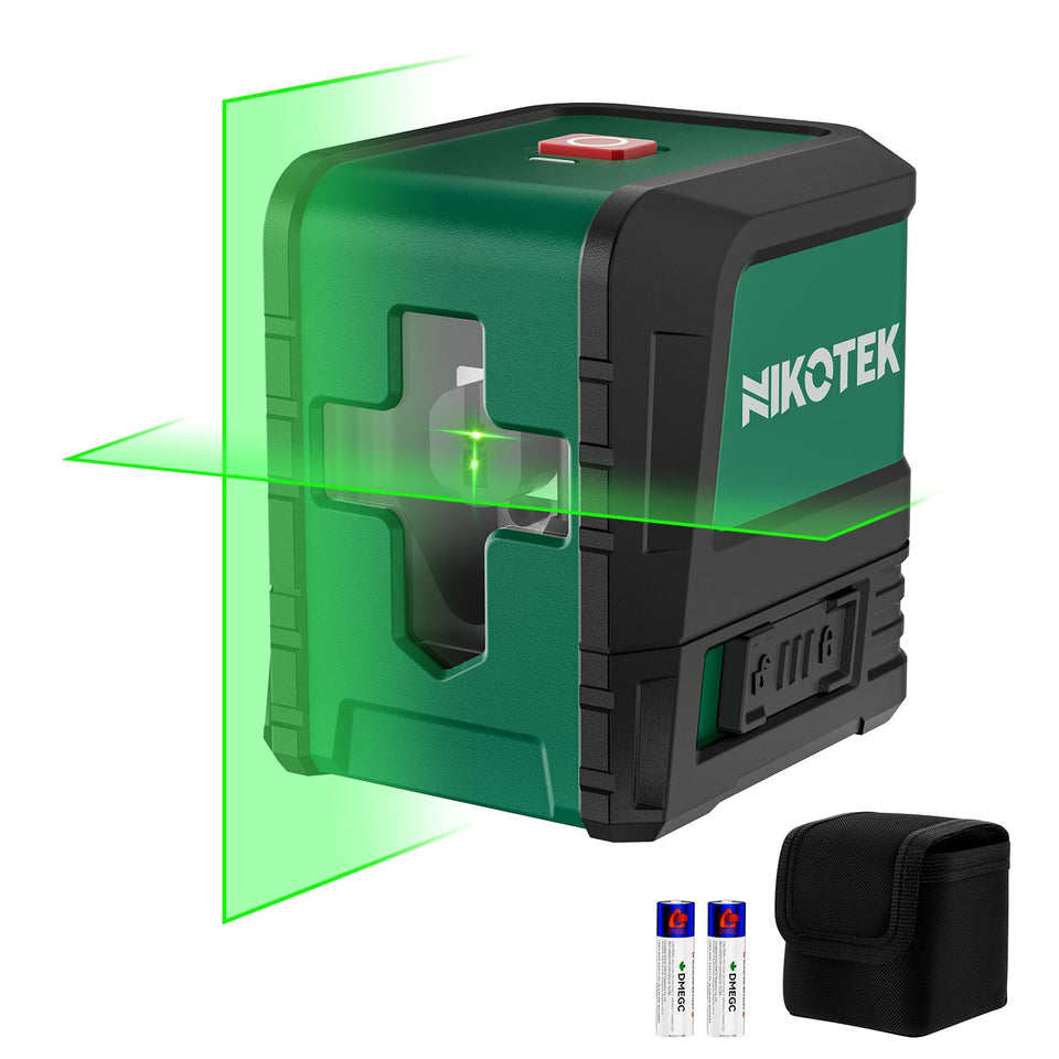 Nikotek Laser Level displays bright green cross lines for precise alignment at 100ft.